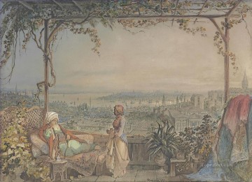  Constant Lienzo - Pasha y criada en un balcón de Pera con vistas a Constantinopla Amadeo Preziosi Neoclasicismo Romanticismo